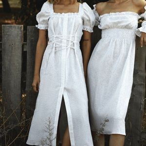 Daily sleeper marquise linen lace up dress midi micro polka dot